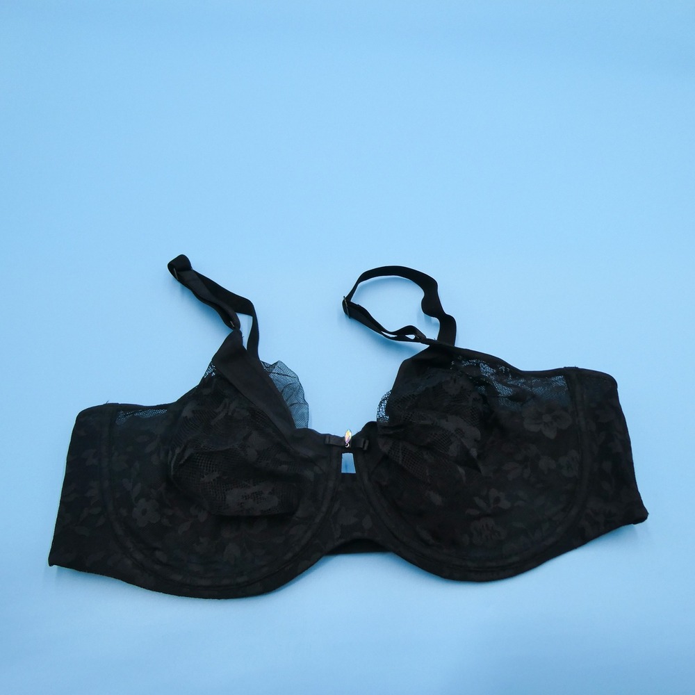 Curvy Couture Bra Womens 38DD 1362B Black Tulip Lace Underwire Push Up Nylon